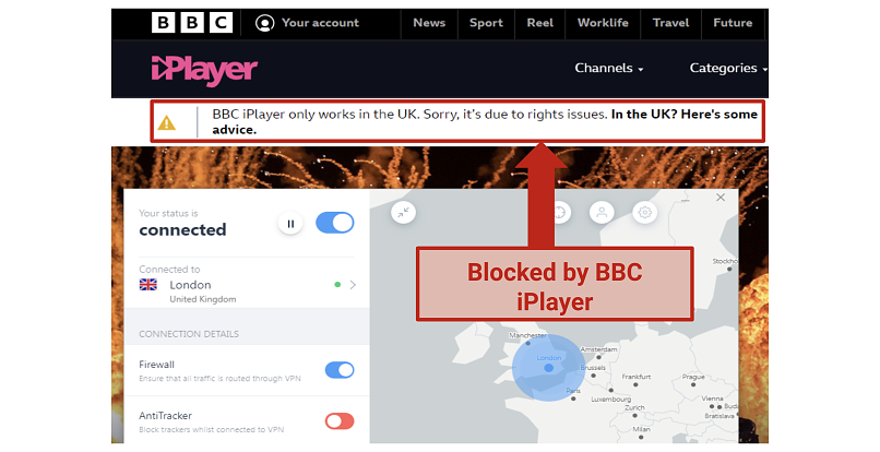 Screenshot of BBC iPlayer blocked message using IVPN