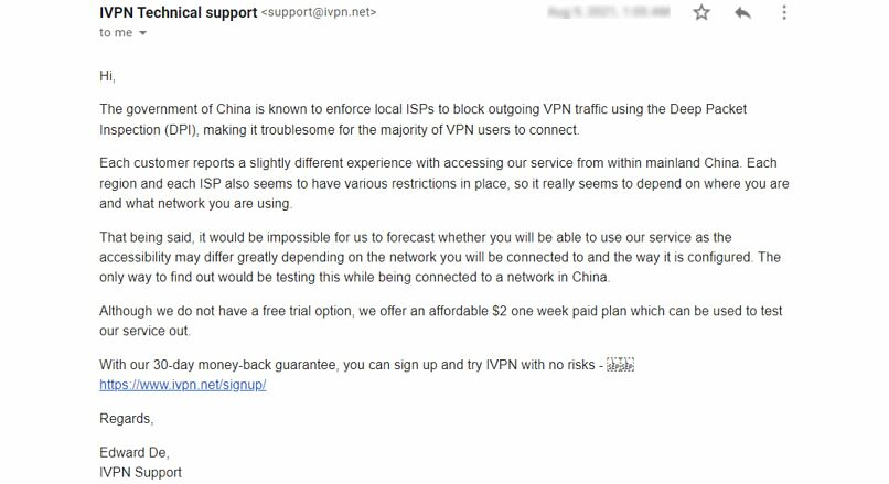 Screenshot of IVPN's response on whether it works in China
