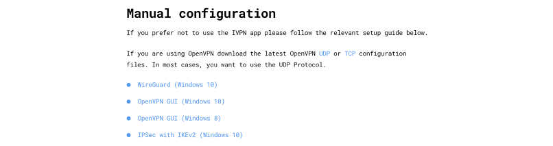 Screenshot of IVPN's manual configuration set-up guide