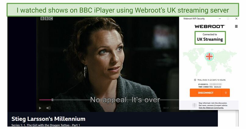 Screenshot of Webroot’s VPN unlocking BBC iPlayer