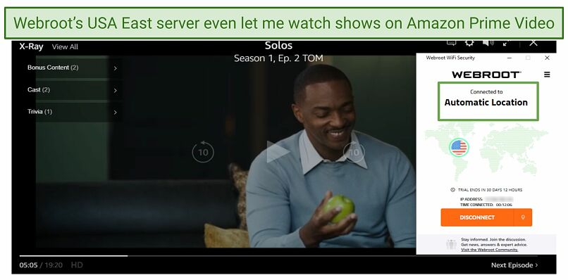 Screenshot of Webroot’s VPN unlocking Amazon Prime Video