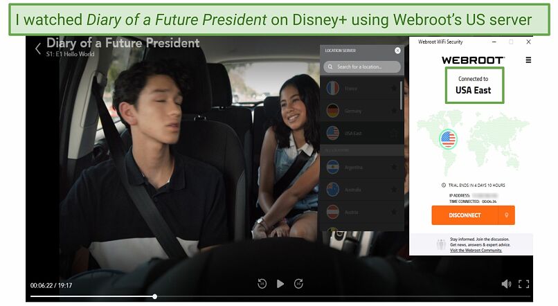 Screenshot of Webroot’s Wifi unlocking Disney+