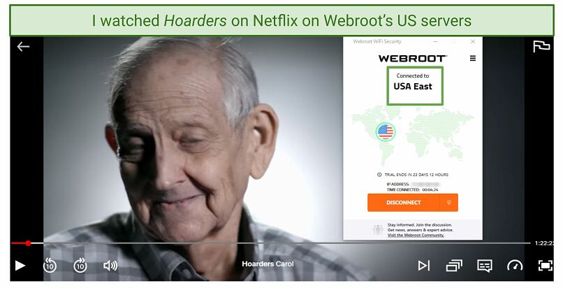 Screenshot of Webroot’s VPN unlocking US Netflix