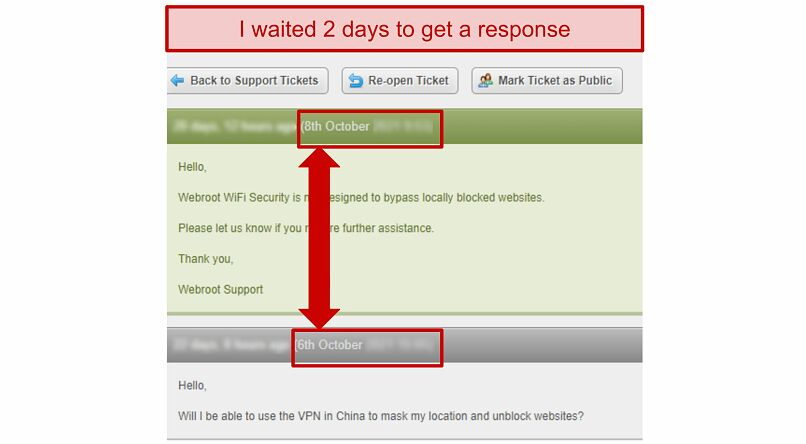 Screenshot of Webroot's support response time