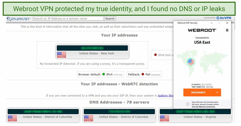 Screenshot showing DNS test of Webroot’s VPN