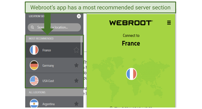 Screenshot of Webroot’s app with server list