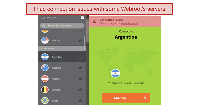 Screenshot showing connection error from Webroot’s VPN