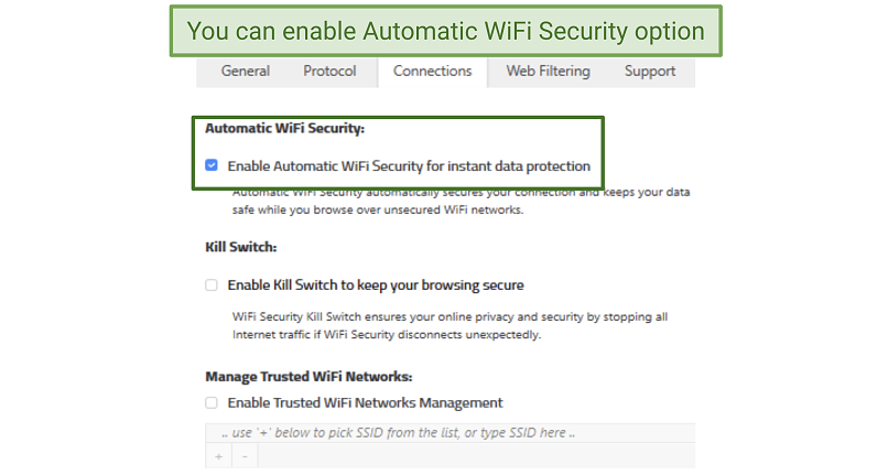 Screenshot of Webroot WiFi Security connections settings menu