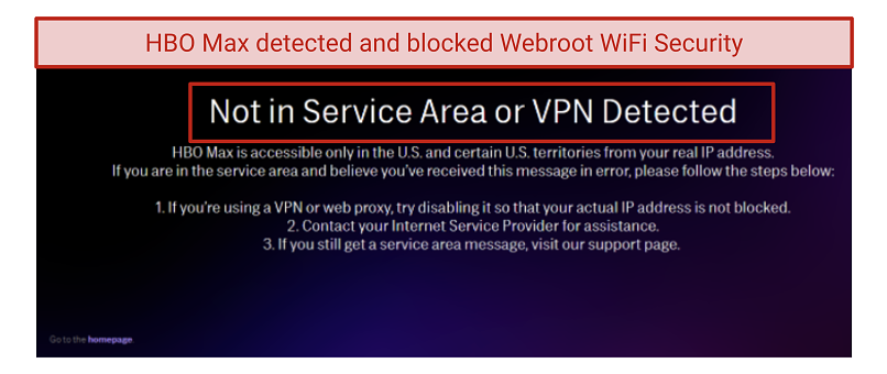 Screenshot of HBO Max not being unblocked by Webroot’s VPN