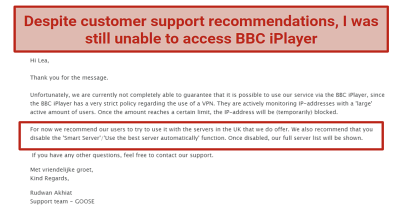 A screenshot of Goose customer support's recommendation to access BBC iPlayer