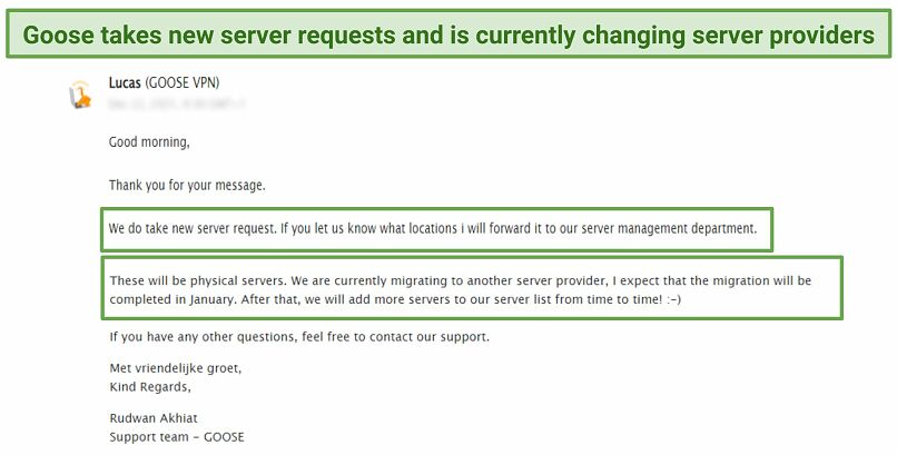 Screenshot of Goose customer support confirming that the company takes sever requests and is changing server providers.
