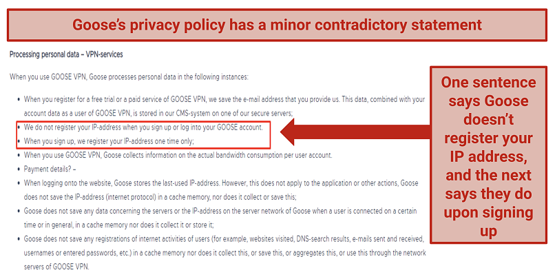 A screenshot showing contradiction in Goose's privacy policy