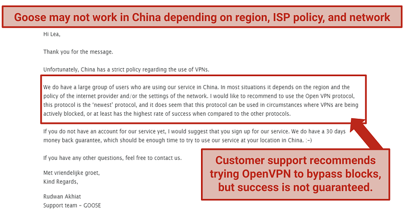 A screenshot of customer support responding to my question about Goose working in China