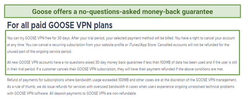 A screenshot of Goose's money-back guarantee