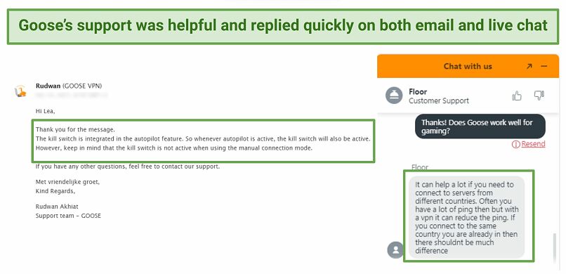 Image showing screenshots of interactions with Goose's customer support via email and chat