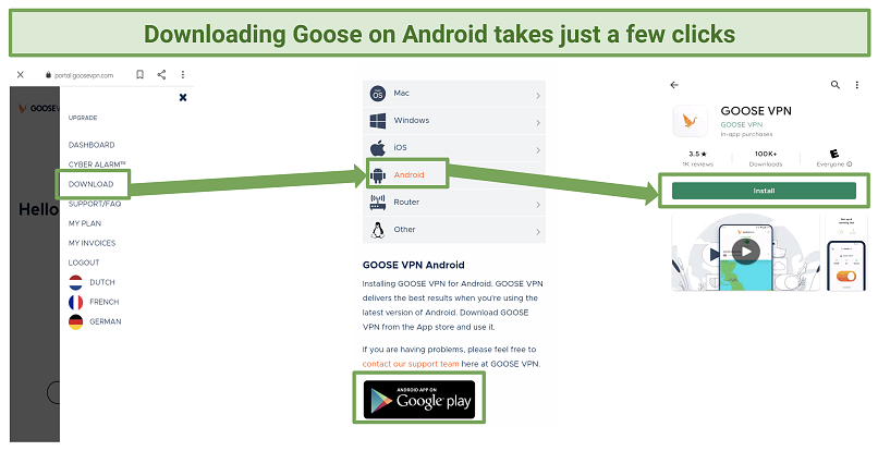 Image showing the setup process for Goose on Android