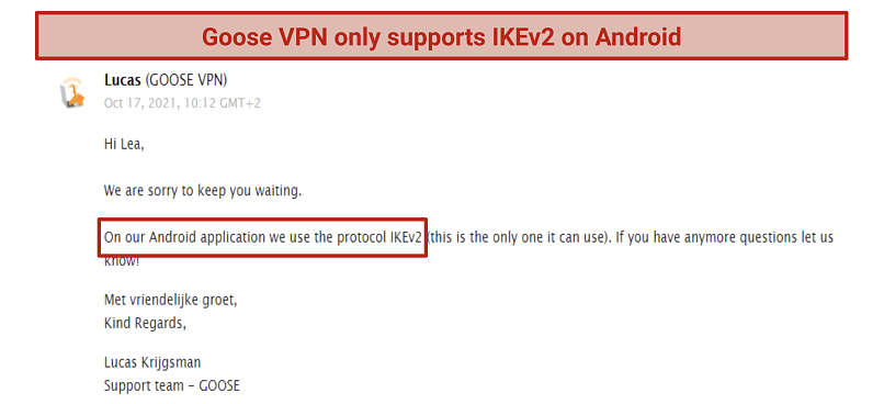 A screenshot showing customer's support's response to my question about security protocols on Android