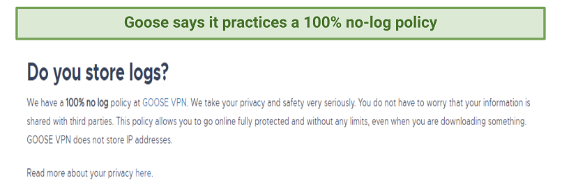 A screenshot of an excerpt from Goose VPN's privacy policy