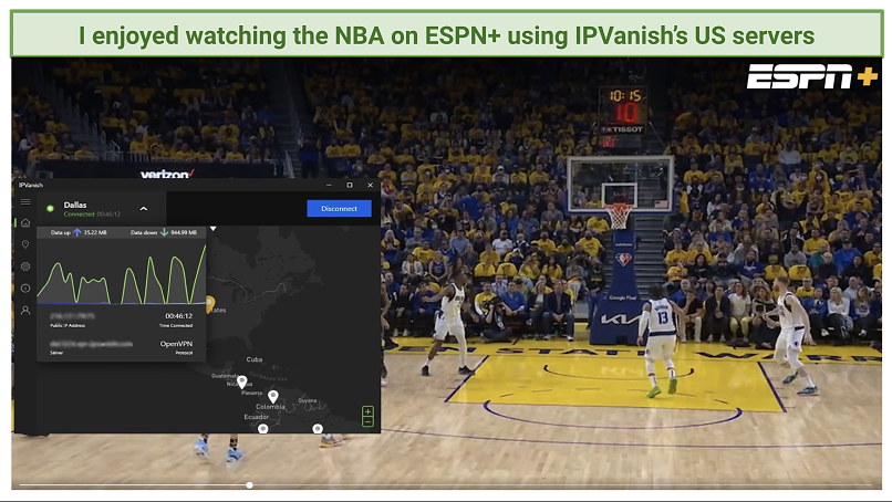 ESPN과 함께 ipvanish를 보여주는 그래픽