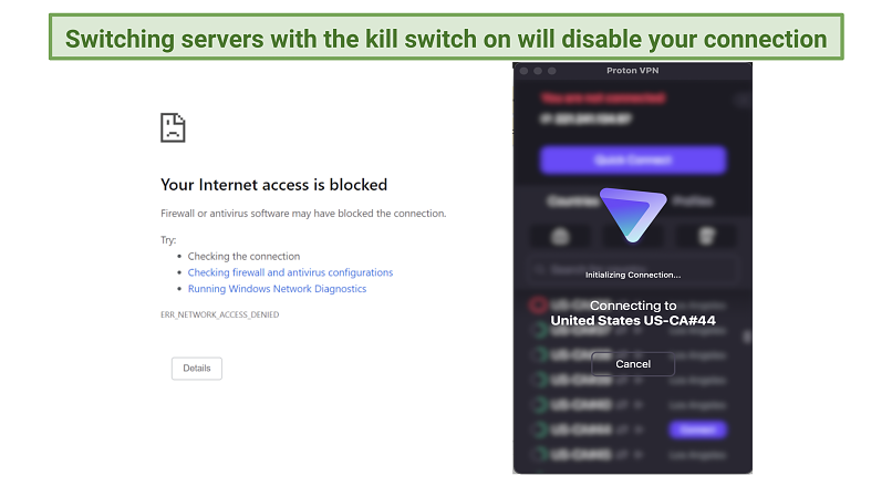 Screenshot of ipleak.net showing the kill switch blocking internet traffic while ProtonVPN switched servers