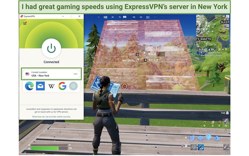 A screenshot of playing Fortnite while connected to ExpressVPN's server in New York