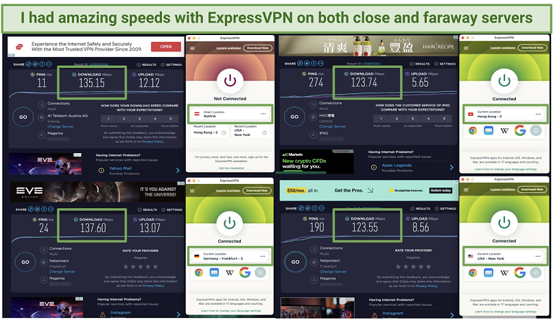 A screenshot of speed test results using ExpressVPN's servers in Hong Kong, Germany (Frankfurt), and the USA (New York)