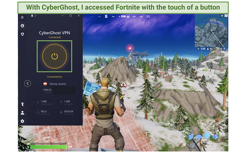 Screenshot of a game of Fortnite with a connected CyberGhost app