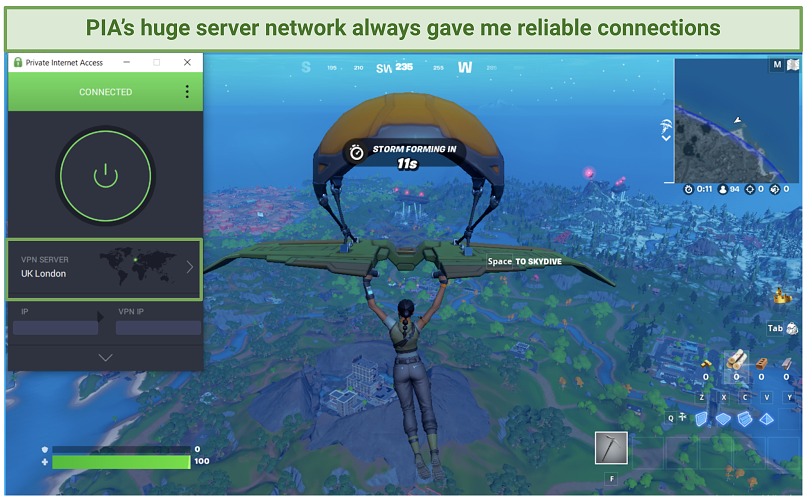 Screenshot of a game of Fortnite with a connected Private Internet Access app