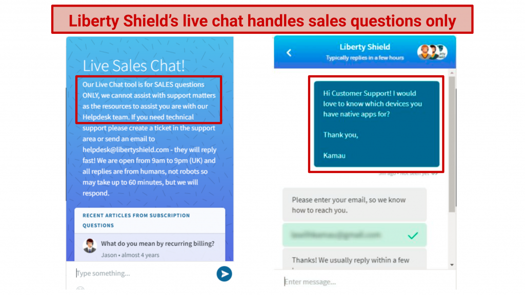 A screenshot showing Liberty Shield live chat option only handles sales questions and quickly connects you with the support team