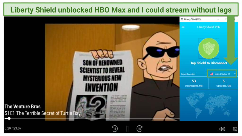 A screenshot of Liberty Shield helping me unblock HBO Max