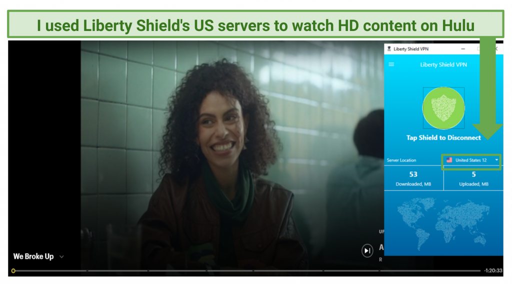 A screenshot of Liberty Shield unblocking Hulu content