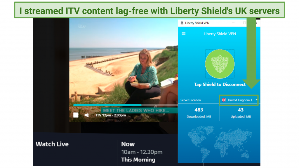 A screenshot of Liberty Shield helping me access ITV content