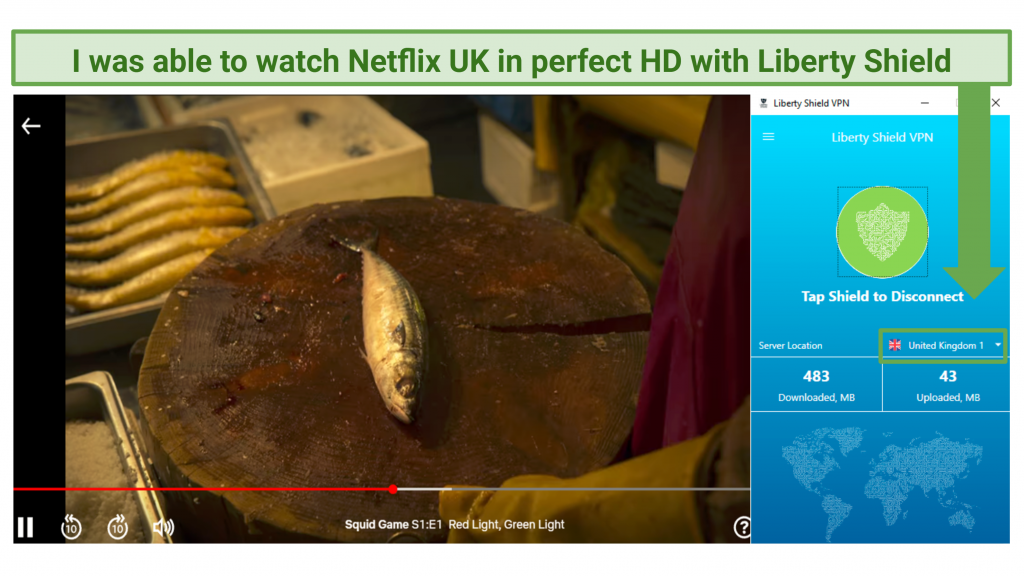 A screenshot showing Liberty Shield helped me access Netflix US and UK