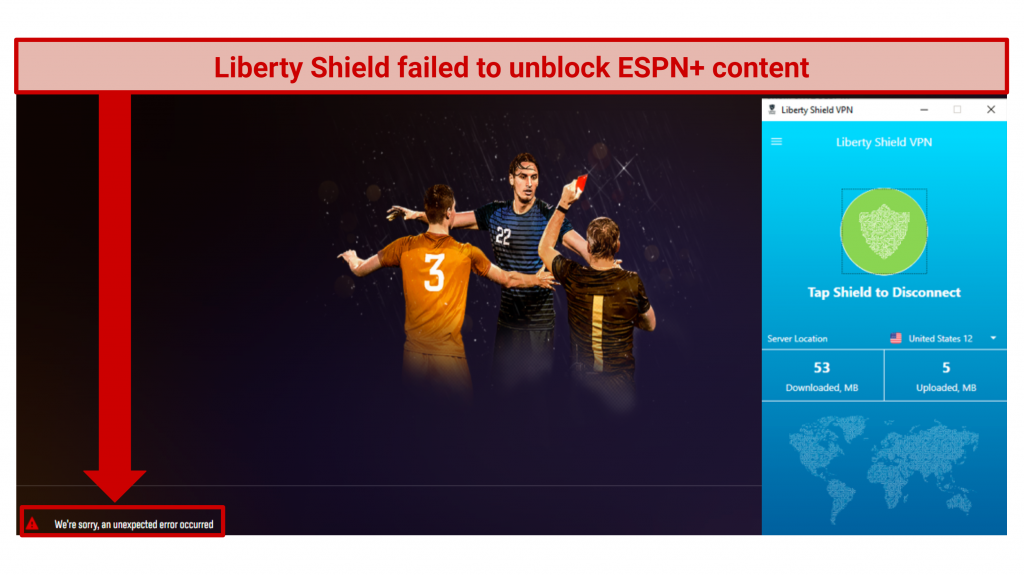 A screenshot of Liberty Shield failing to unblock ESPN+