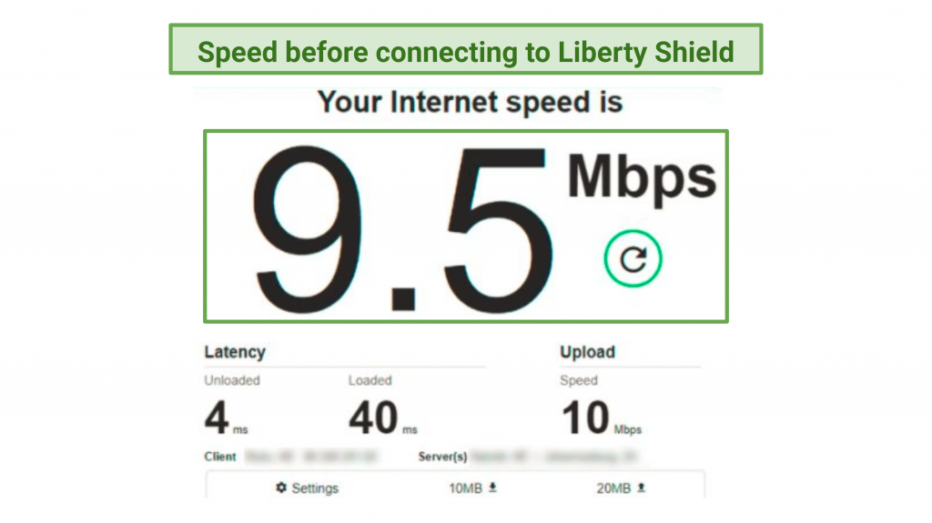 A screenshot showing the speed I got before tunneling via Liberty Shield