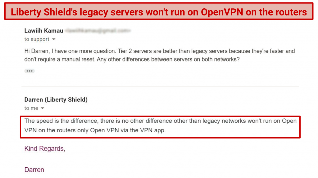 A screenshot showing that Liberty Shield servers in the legacy network won’t run on OpenVPN on the routers, only OpenVPN via the VPN app