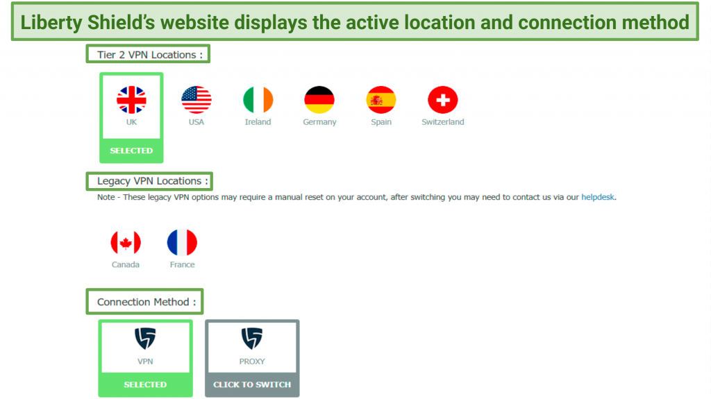 A screenshot of Liberty Shield showing the active location and connection type when connected to it