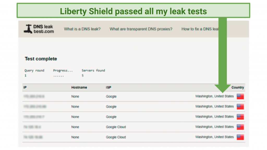 A screenshot showing liberty Shield doesn't leak your IP address and DNS