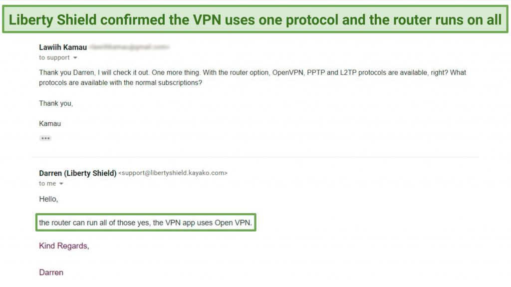 A screenshot showing customer support confirming which protocols run on the VPN and which runs on the router