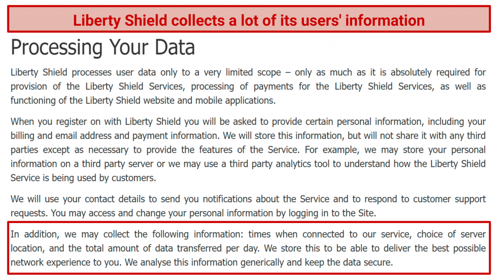 A screenshot displaying the additional information Liberty Shield collects from you