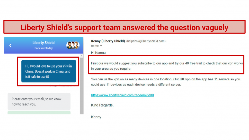 A screenshot showing customer support requesting I test the VPN to verify if it works in China