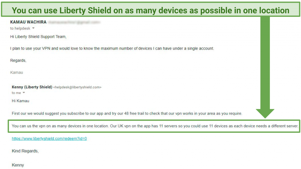 A screenshot showing customer support confirming you can use the VPN on multiple devices