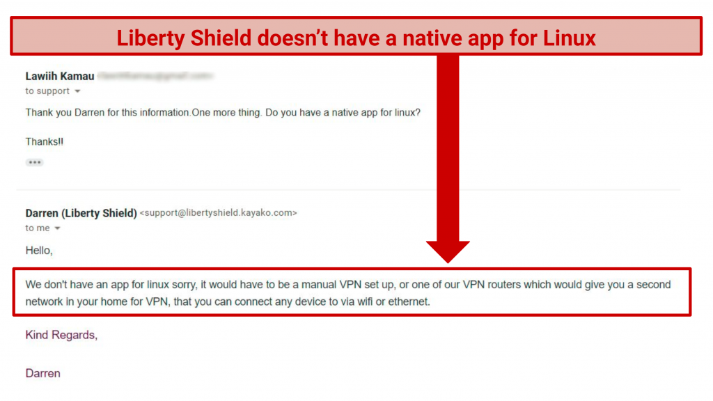 A screenshot showing Liberty Shield doesn't have a native app for Linux