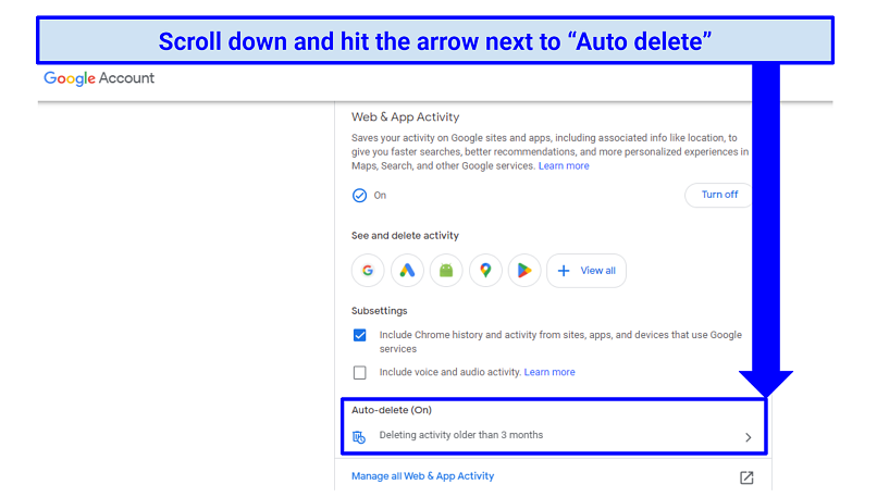 Screenshot of step 1 of setting your Google account Auto-delete option