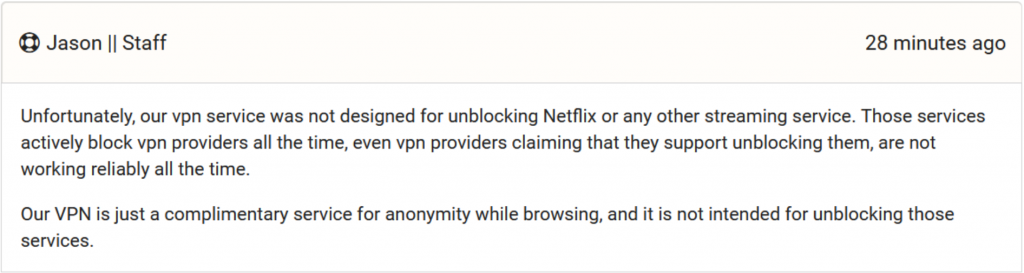 A screenshot of Seeboxes.cc's customer support saying it isn't meant to unblock Netflix.