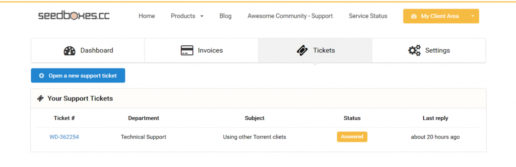 A screenshot of Seedboxes.cc's ticketed support system