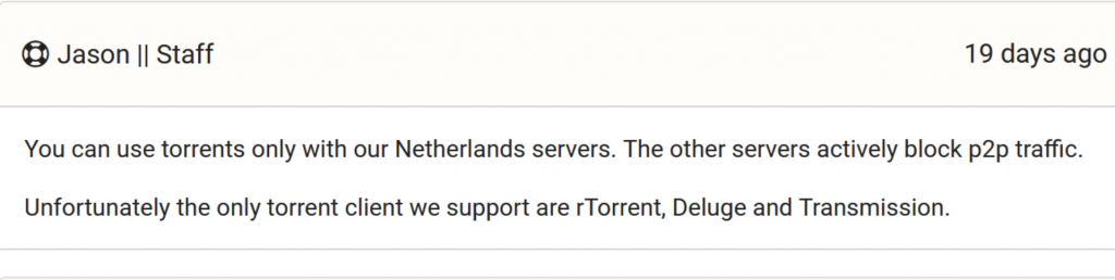 A screenshot of Seedboxes.cc's customer support confirming you can only torrent on its Netherlands servers.