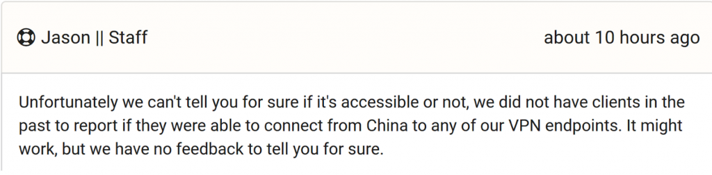 A screenshot of Seedboxes.cc's customer support stating they do not know if it works in China.