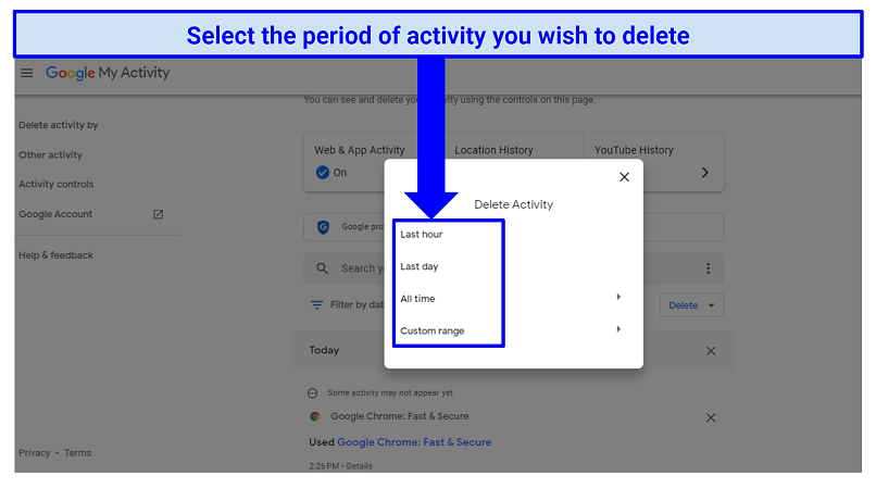 A screenshot of step 4 of deleting your Google account history