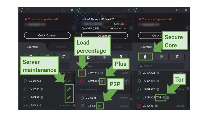 Screenshot of ProtonVPN app highlighting what the different symbols signify